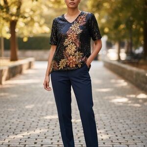 Holiday Party Sequined Gold & Black VTG Stenay  Silk Formal Top